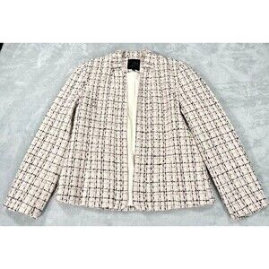Mina Self Womens Open Front Tweed Plaid Blazer Jacket Beige Grid Size M